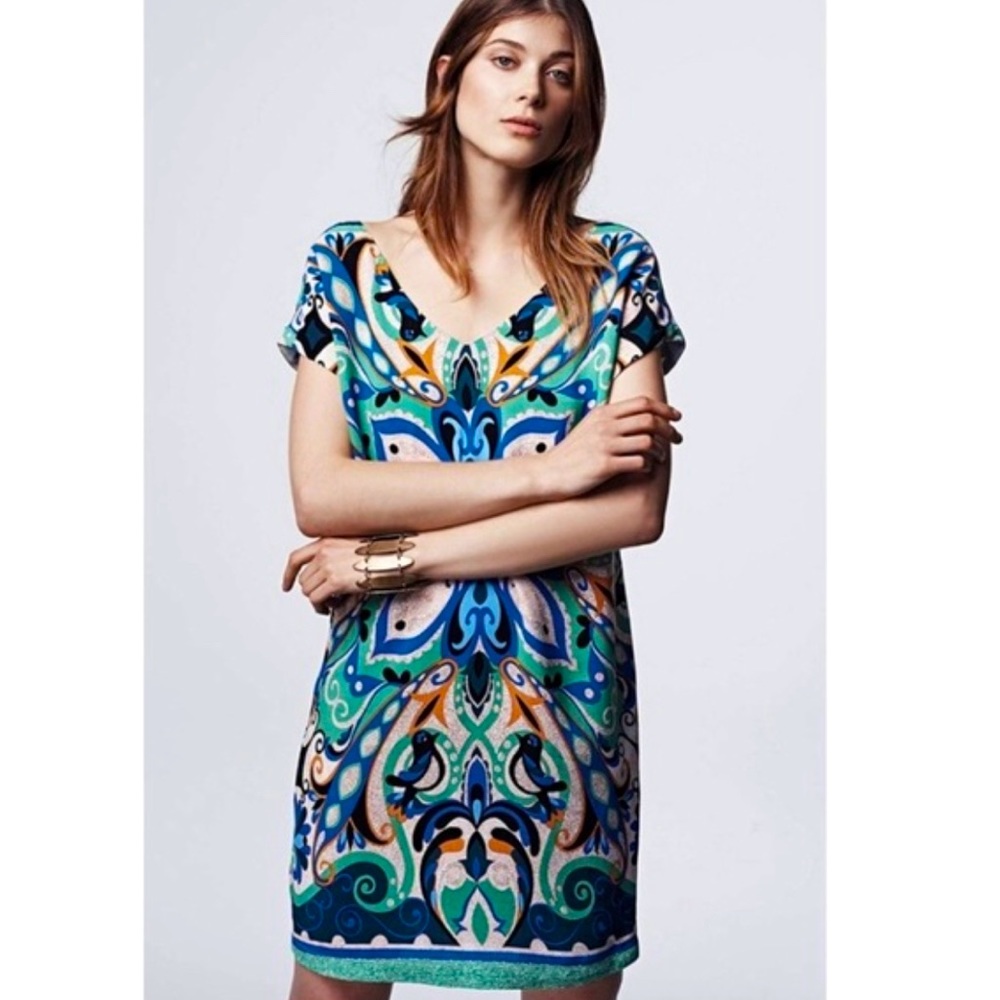 Anthropologie Maeve Green Folksong Floral Bird Novelty V-Neck Shift Dress Size M